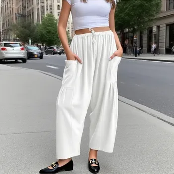 Tinaa Linen Blend Plus Size Pants Womens 2025 Solid Color Pockets Elastic Waist Casual Commuting Wide-leg Trousers 183804