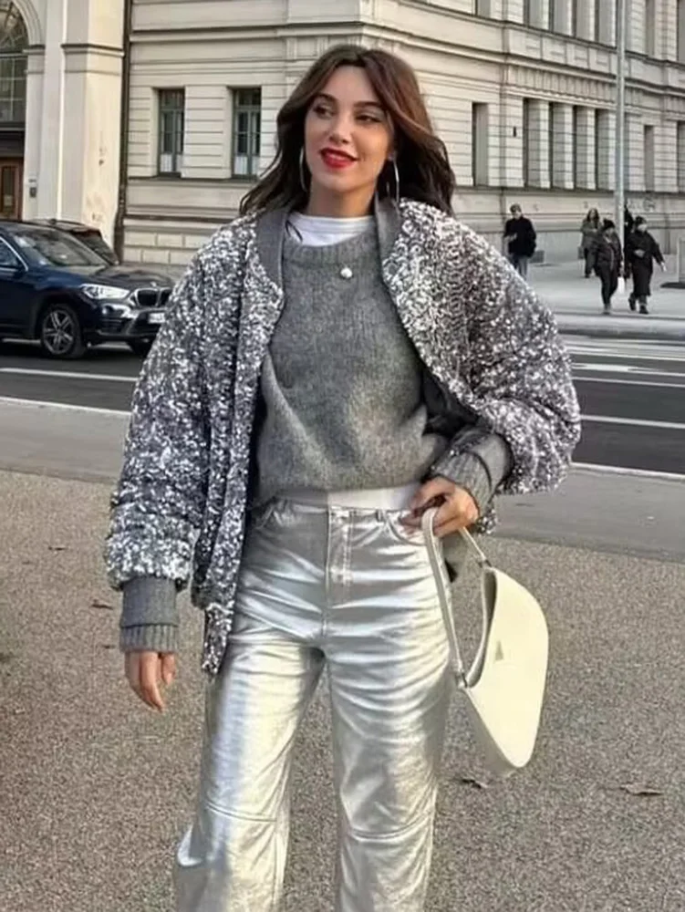 HH TRAF Fashion Sliver Sequins Bomber Jackets for Woman Long Sleeve Loose Sparkly Jacket with Pockets Female Fall Street Outwear