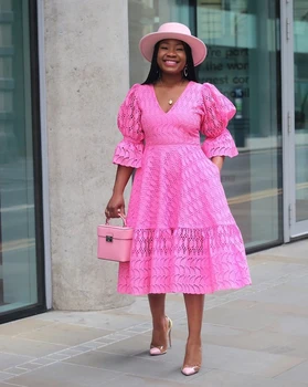 Alero Mesh Half Puff Sleeve V-neck Lace Dress