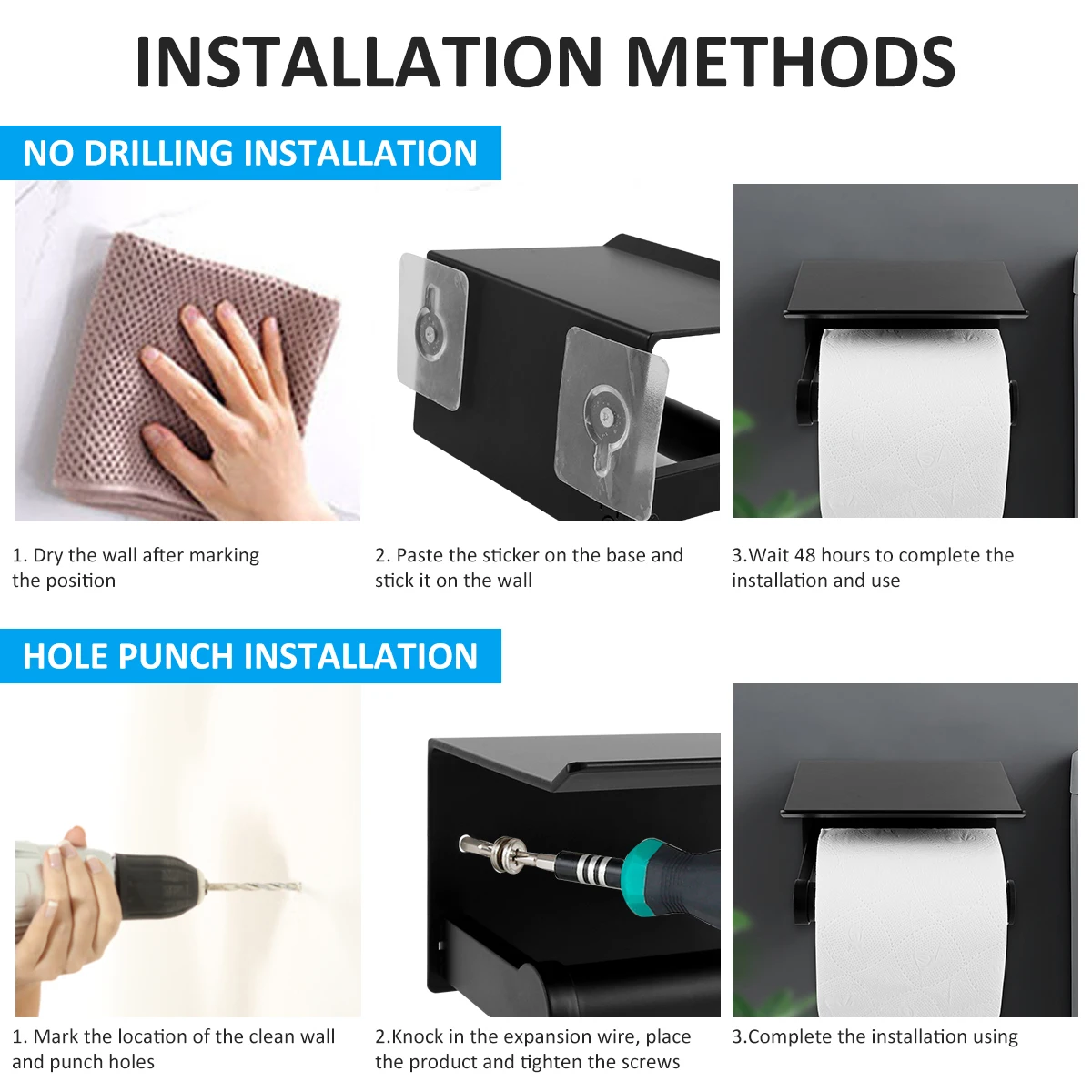 Wall Mounted Toilet Roll Holder Self-Adhesive Rustproof Tissue Holder with Phone Shelf and 2 Towel Hooks for Bathroom Kitchen