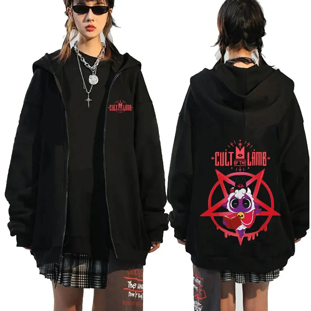 

Funny Game Cult of The Lamb Zipper Hoody Cosplay Manga Print Zip Up Hooded Sweatshirt Men Women Casual Oversized Hoodie Jacket