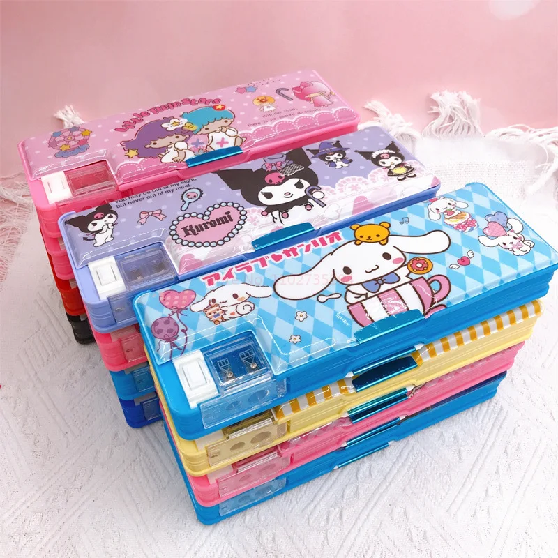 Sanrio Melody Hello Kitty Double-Sided Pen Case Stationery Box Multifunctional Pencil Case With Pencil Sharpener School Supplies