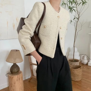 معطف نسائي لخريف وشتاء فرنسي عتيق لعام 2025 معطف كوري عالي الجودة غير رسمي بصدر واحد سترات تويد ضيقة 5