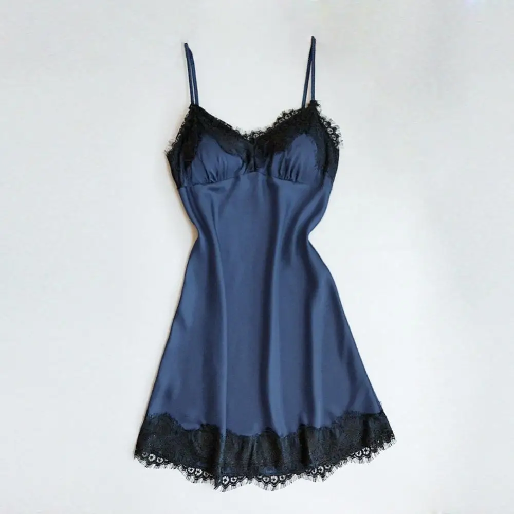 Women's Sexy Lingerie Summer Silk Night Gown Lace Patchwork Mini Night Dress Spaghetti Strap NO Chest Pad Sleepwear For Ladies