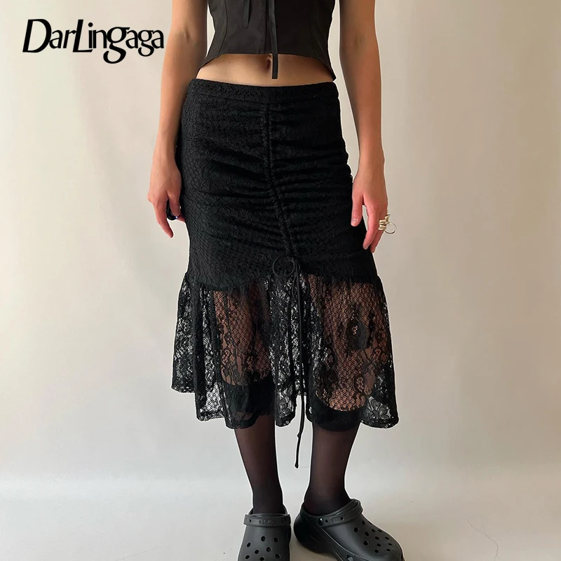 

Darlingaga Fashion Low Rise Black Lace Skirt Elegant Chic Drawstring Transparent Trumpet Gothic Vintage Midi Skirt Women Bottoms