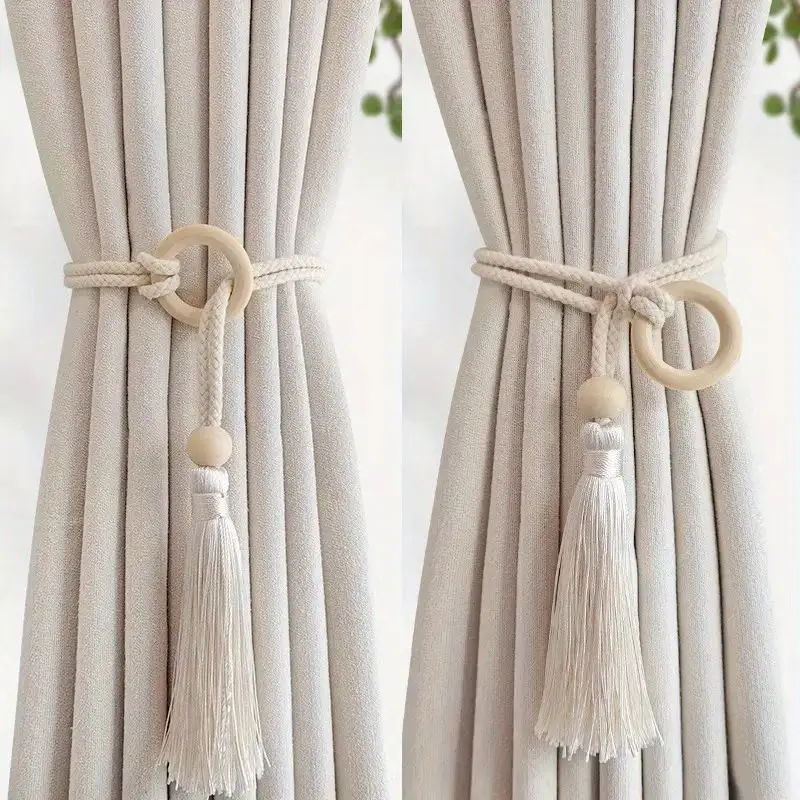 Cotton cord curtain tie fringe adjustable hand woven log loop curtain buckle strap 2pcs
