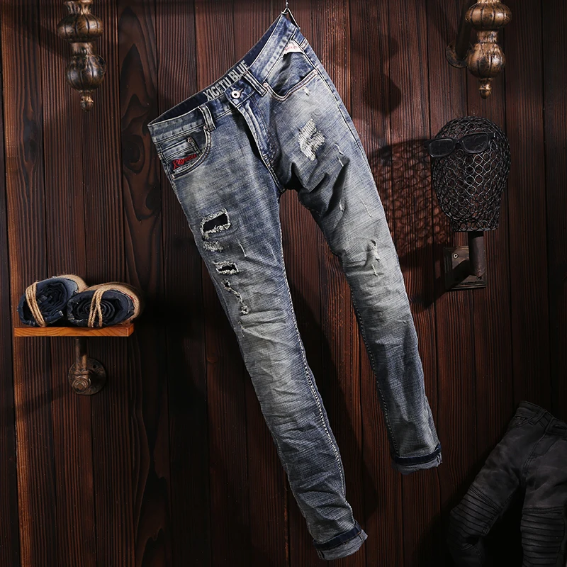 Italian Style Fashion Men Jeans Retro Gray Blue Elastic Slim Ripped Jeans Men Hole Trousers Vintage Designer Denim Pants Hombre