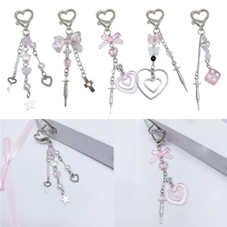 Stylish Y2K Pink Keychain Butterfly Beaded Phone Lanyard Bowknot Pendant Wrist Strap Detachable Phone Chains Keyring