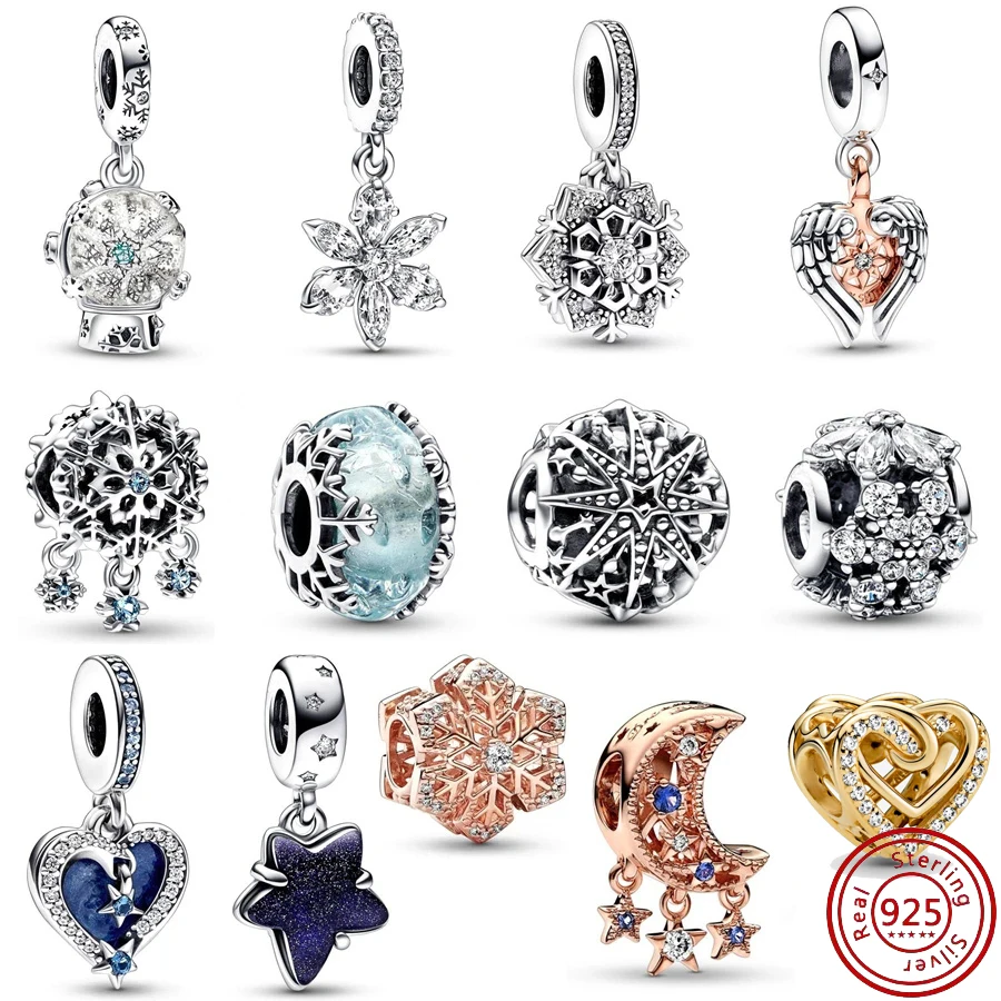 

Бусины из серебра 925 пробы, подходят для оригинального браслета Pandora, луна, звезда, снег, сверкающие спутанные сердца, подвеска, ювелирные изделия, подарки