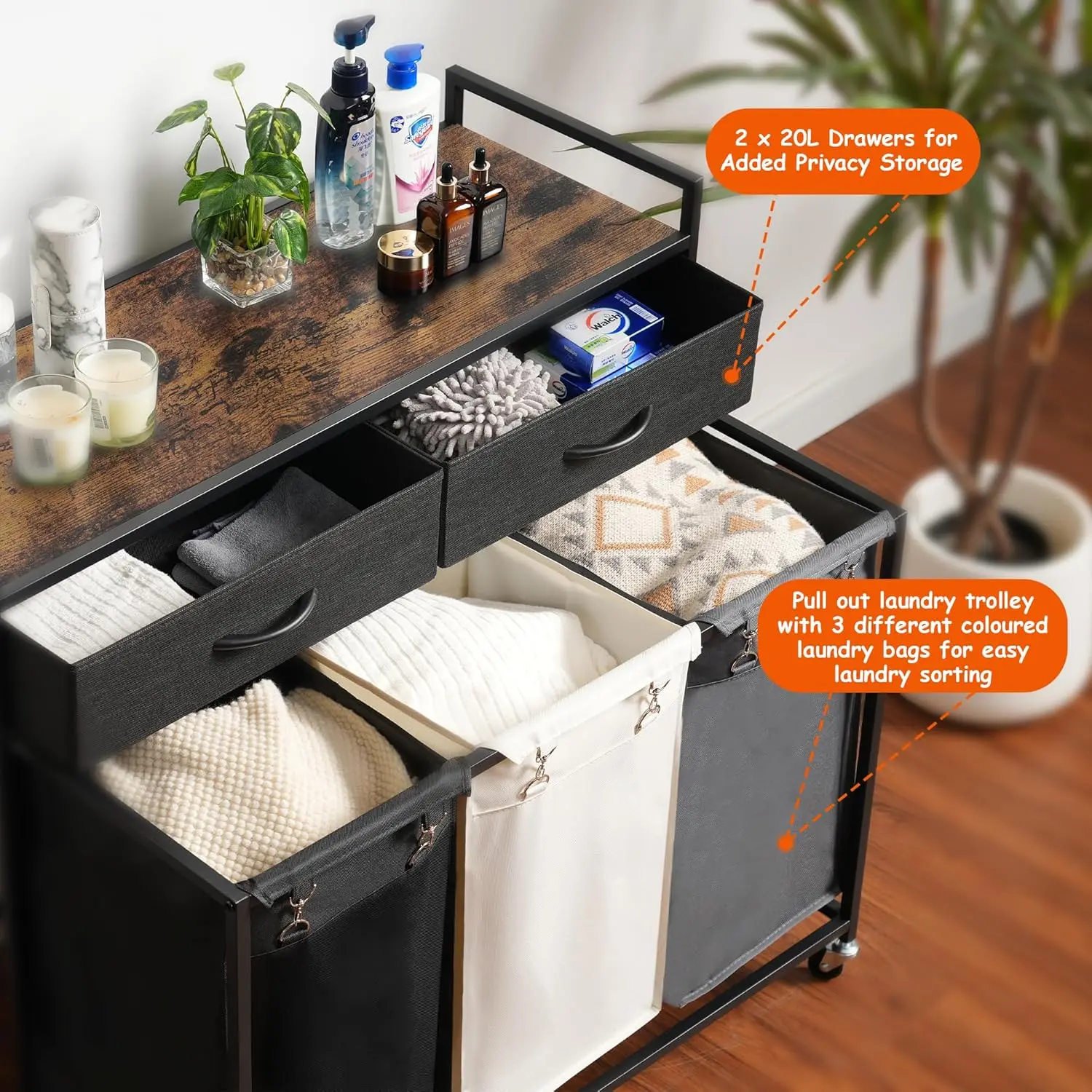 Laundry Hampers, 126L Laundry Basket with 3 Section Pull-Out Rolling Bags,Laundry Sorter with 2 Pull-Out Storage Drawers for