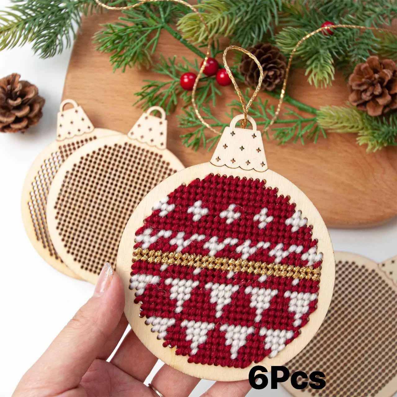Pack De 5 Bolas Colgantes De Madera Para árbol De Navidad - Decoración Con Motivo De Punto De Cruz, Vintage