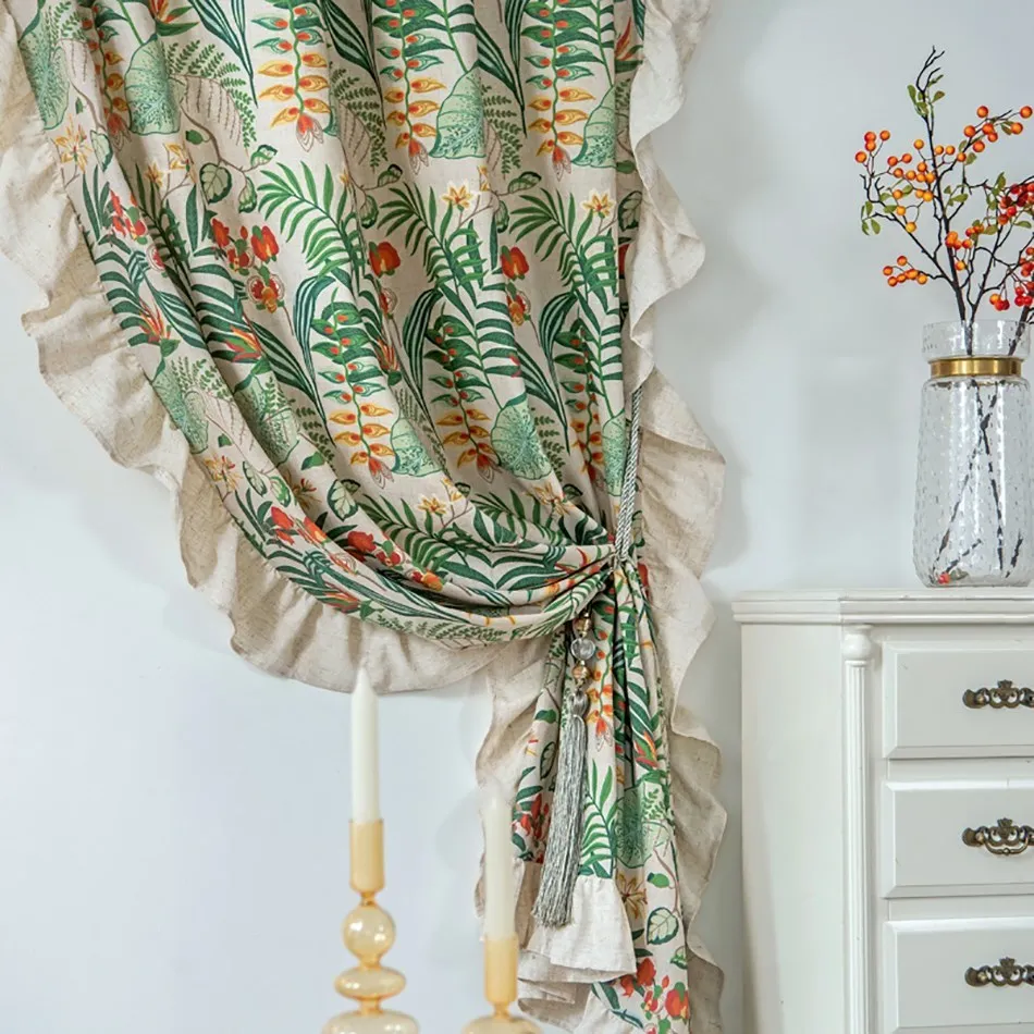 

Hot Selling Curtains Lotus Leaf Fringe Cotton Linen Fabric for Curtains Home Bedroom Living Room Decoration Christmas Curtains