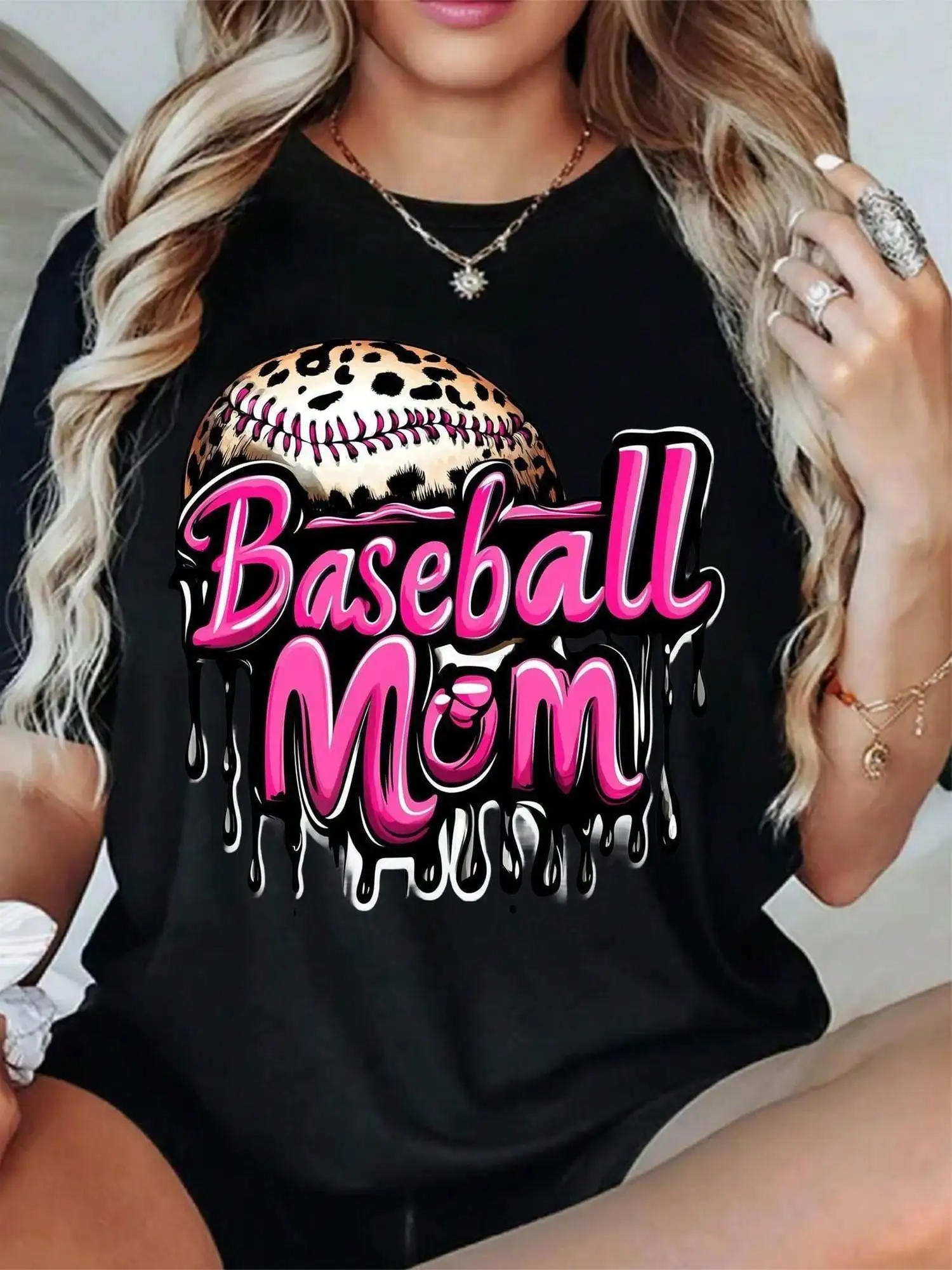 Baseball Mom Leopard Print T-Shirt, Cute Pink Drip Graphic Tee for Sports Moms in Black and White Women Clothing Harajuku 2