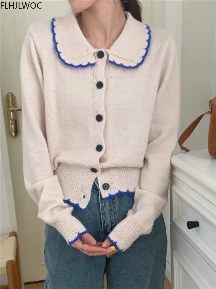 

Шикарная Корейская Милая одежда, дизайнерский осенний Женский Повседневный Свободный кардиган с длинным рукавом в стиле преппи для девушек, однотонный розовый вязаный свитер, кардиганы