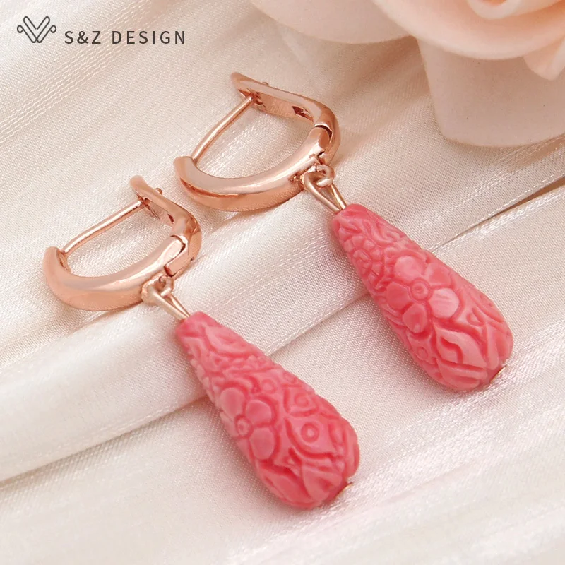 S&Z DESIGN New Fashion Water Drop Carve Flower Synthetic Shell Dangle Earrings Jewelry Sets For Women Wedding Necklace Gift
