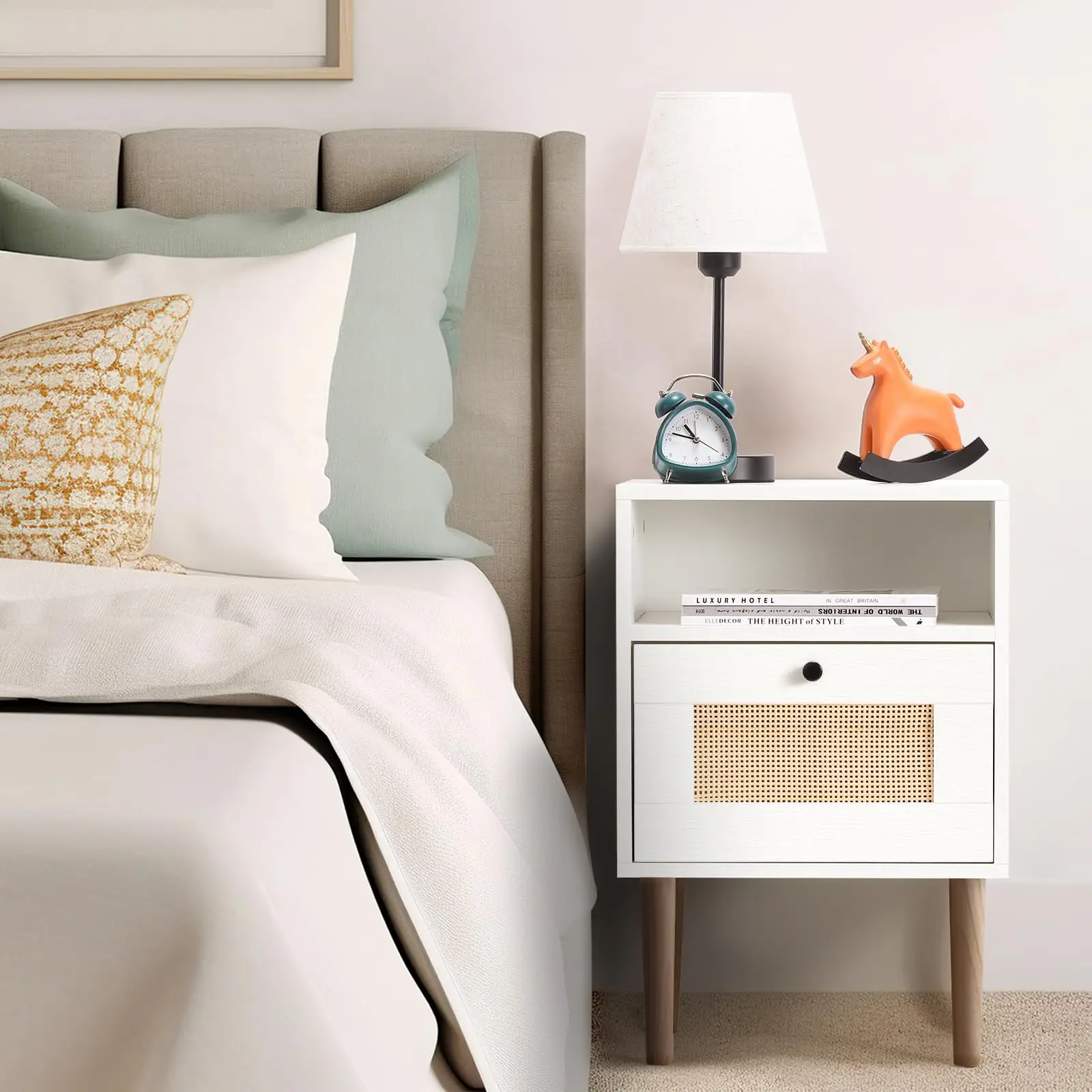 Modern Bedside Table with Rattan Drawer, Bed Side Table with Storage Shelf & Solid Wood Feet, End