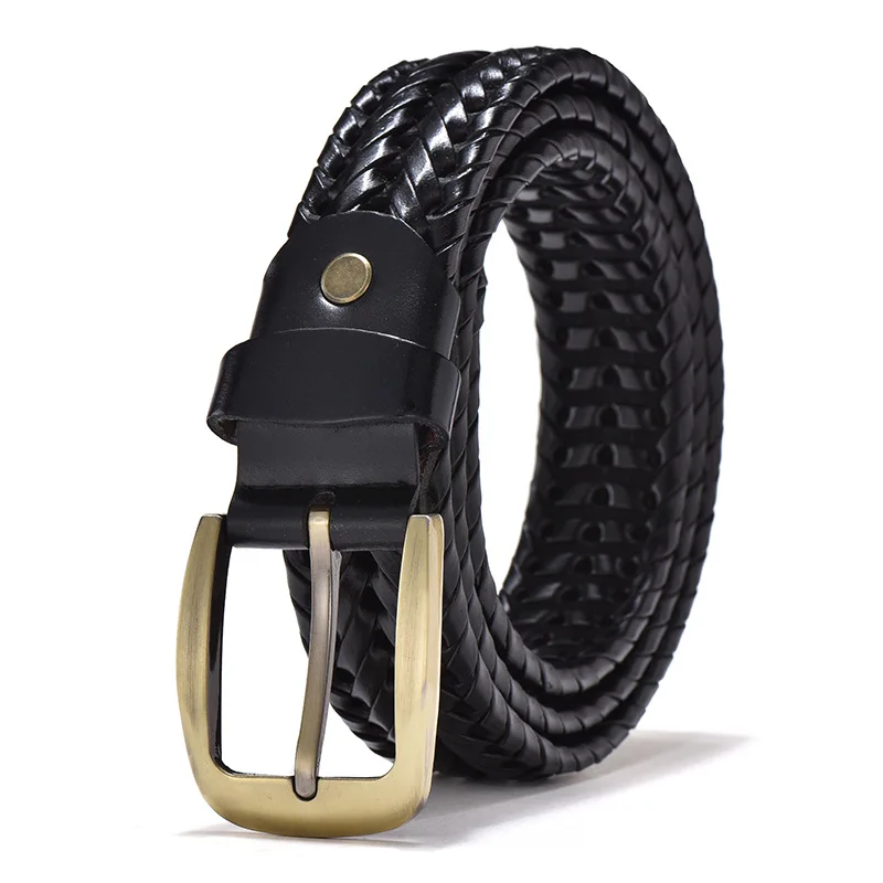 Men's Genuine Leather Braided Belt with Gold Pin Buckle - Vintage Casual Strap