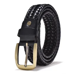 Men's Genuine Leather Braided Belt with Gold Pin Buckle - Vintage Casual Strap - 115CM (BZ001 Black)