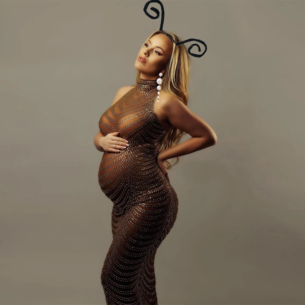 

New Maternity Gown For Party Sexy Shiny Goddess Bodysuit Hot Rhinestone For Photo Shoot Props Plus Size Senior Pregnant