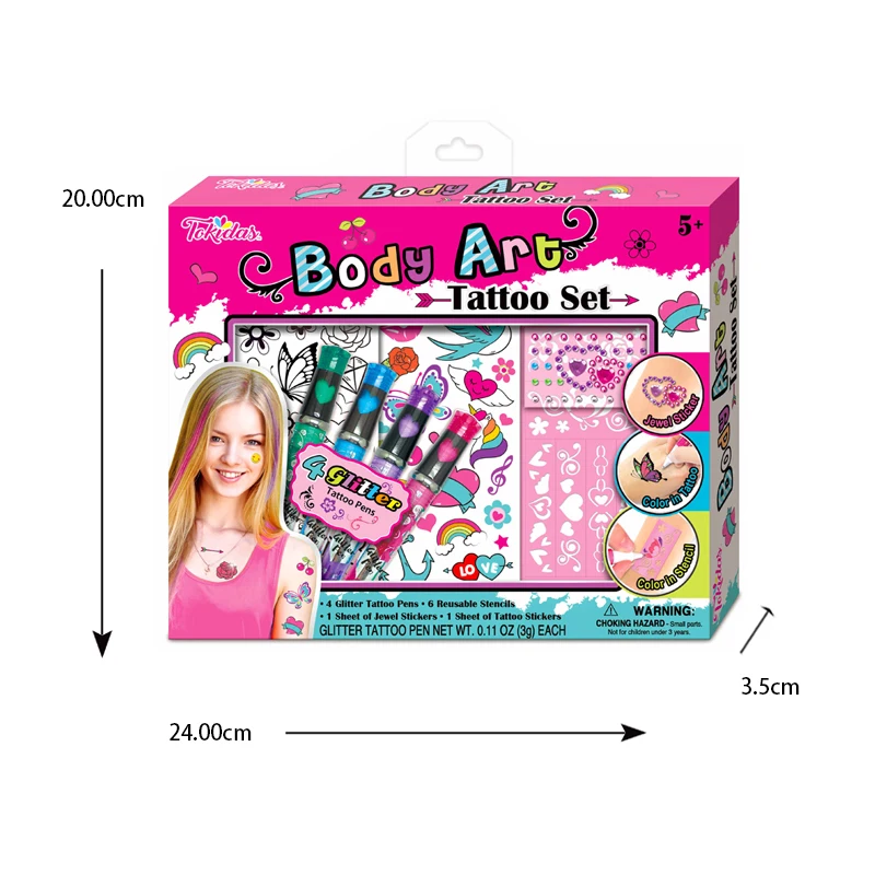 2024 Kids Makeup Set Body Art Tattoo Set Tattoo Pen Tattoo Stencil Gem Stickers Set  Kids Toys 2