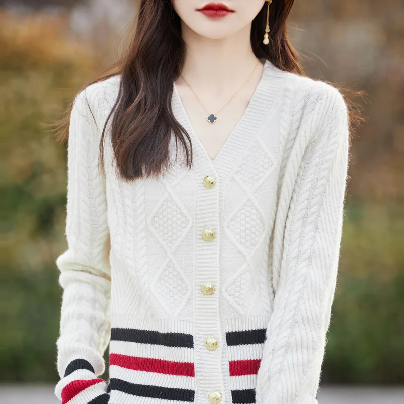 

2024 Spring/Summer New Contrast Cashmere Sweater Women's V-Neck Knitted Cardigan 100% Merino Wool Top Coat Fashion Korean Jacket