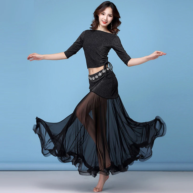 

New Adult Lady Women Belly Dance Costume Oriental Bellydance Skirt Stage Performance 2PCS Set Medium Sleeved Top Half Skirts