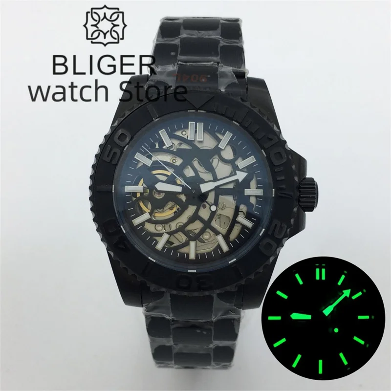 Bliger 40mm Waterproof Hollow-out Skeleton NH70 Watch for Men PVD Black Steel Diver Luxury Clock Reloj Hombre 904L Bracelet