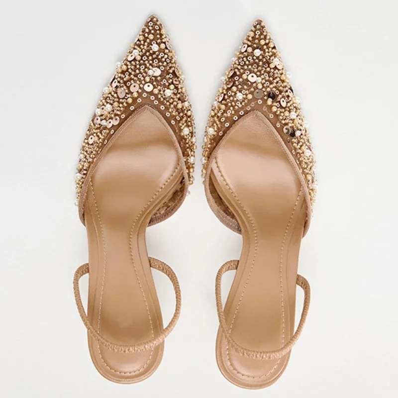 Women Mesh String Bead High Heels Sandals Bling Sexy Pointy Toe Mules Slippers Luxury Designer Slingbacks Dress Shoe Pumps