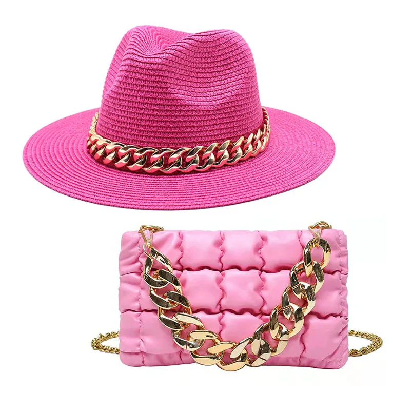 hat bag sets women fedoraStraw Hat and Bag Set Gold Chain Bag Hat Set Ladies earring fedora  Church Fedora Party Jazz Straw Hat felt fedora hat