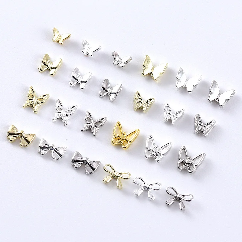 10Pcs 미니 실버 골드 합금 나비 네일 매력 3D Bowtie 부품 금속 매니큐어 액세서리 레트로 네일 아트 장식 용품