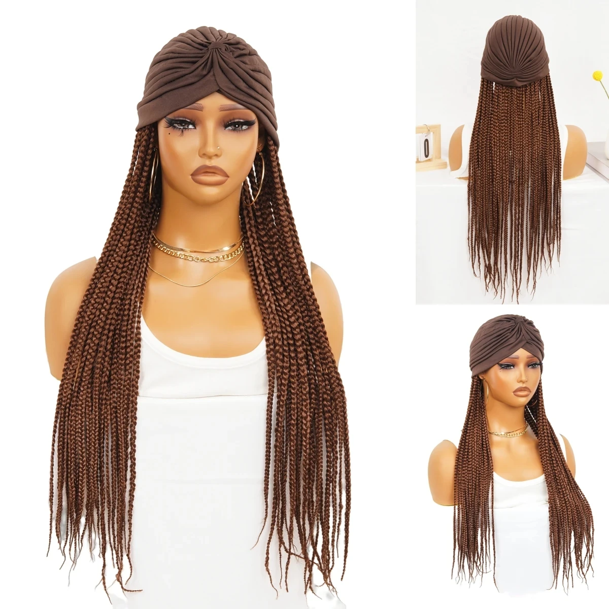 Braid Wig Headband Braided Headband Wigs for Black Women Synthetic Wigs With Turban Hat Box Braiding Hair Brown Knotless