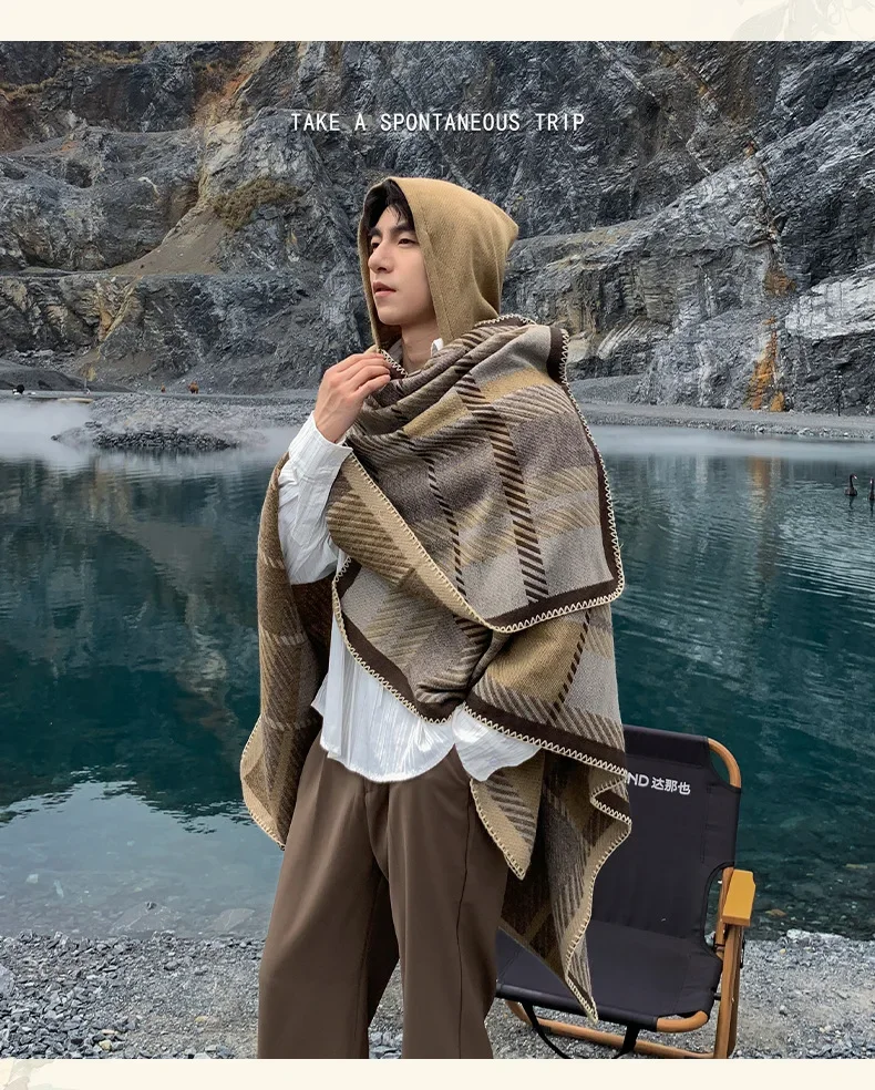 Herren Poncho Winter Warme Schal Verdickung Decke Luxus Schal Männlicher Umhang Kaschmir Mischung Pashmina Cape Stola Karomuster Wickel – Detail 4