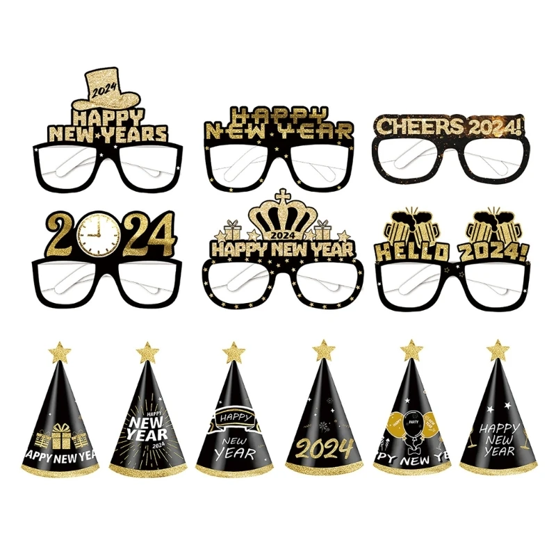 

6pcs Happy New Year Paper Glasses 2024 Eyeglasses Frame Photo Booth Props New Year's Eve Party Decoration Christmas Supplies