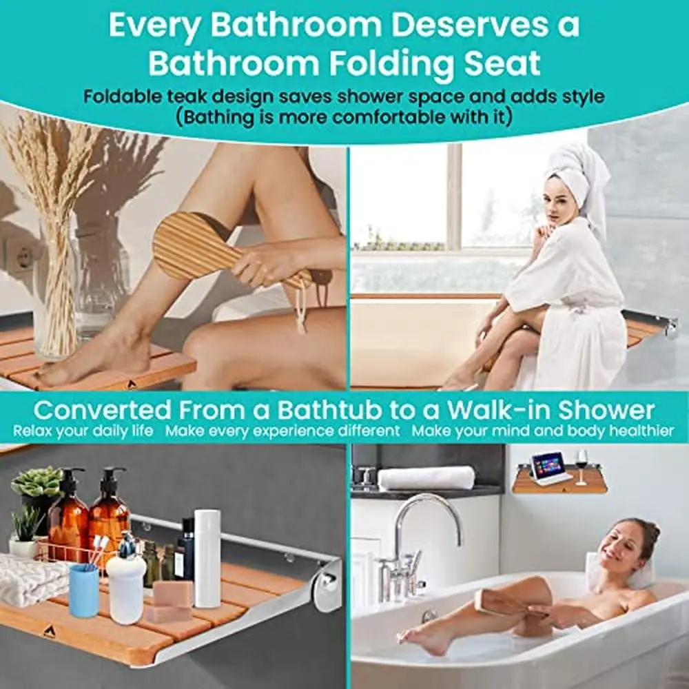 Wall Mounted Foldable Teak Shower Seat Bench Home Care Waterproof Non-Slip Space-Saving Easy Installation 440lbs Capacity 3