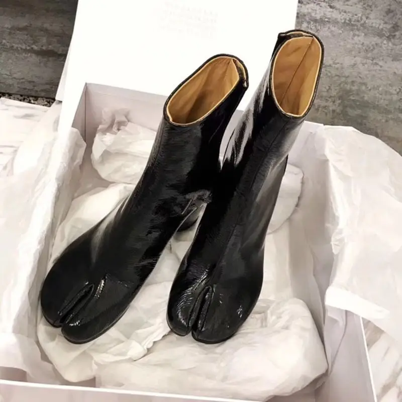 

2022 Brand Design Tabi Boots Split Toe Chunky High Heel Women Boots Leather Zapatos Mujer Fashion Autumn Women Shoes Botas Mujer