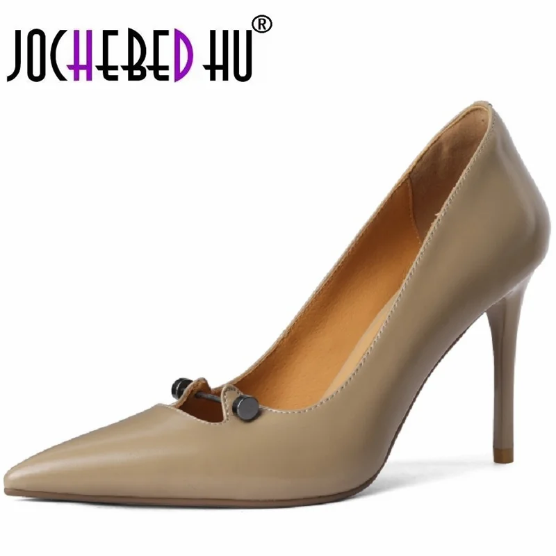 

【JOCHEBED HU】Brand Genuine Leather Pointed Toe Thin Heel Design Pumps Temperament High Heels Sexy Women Shoes 33-40