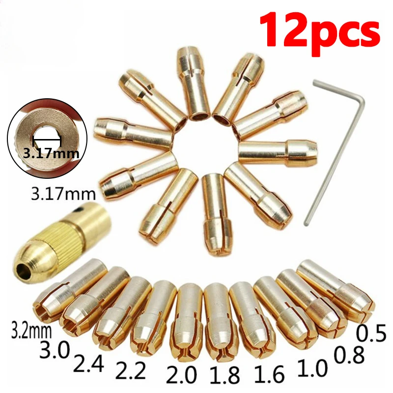 12Pcs 0.5-3.2mm Electric Brass Drill Bit Set Chuck Electric Motor Shaft Clamp With Wrench Drill Bit power Tool Accessories ratchet wrench 2 in 1 drill chuck ratchet spanner universal wrench double wrench at both ends hand drill key chuck drill spanner