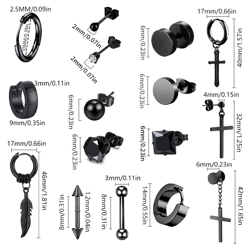 1/16 pairs Black Punk Stainless Steel Women Men Hoop Earrings Small Trendy Round Cross Pendants Jewelry Accessories Earrings 6