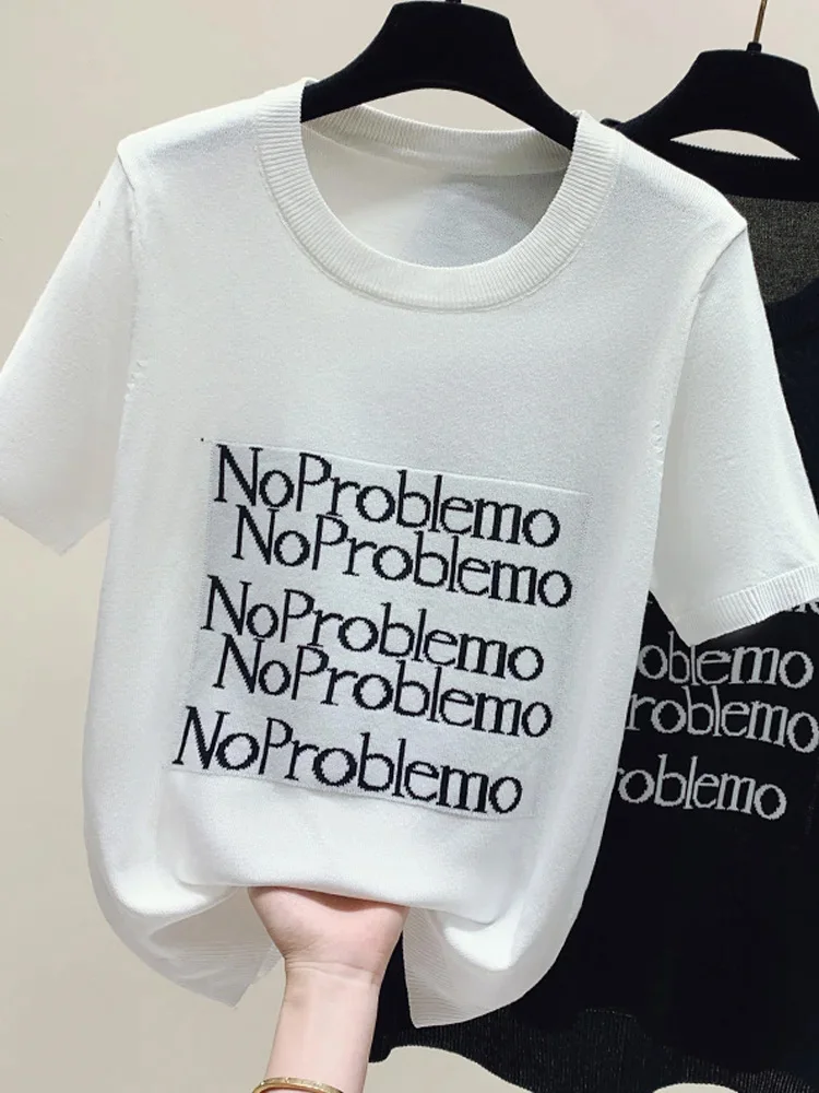 

Oversize Women Tshirt Summer 2024 Short Sleeve O-neck Knit Tops Letter Korean Fashion Pullovers Bottoming Sweater casual Loose