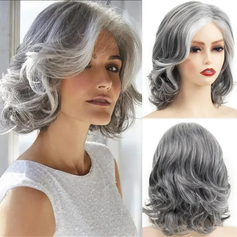 Mommy Wigs Natural Ombre Grey Curly Bob Hair Soft Healthy Short Synthetic Wavy Wig with Side Bangs Daily Womens Loose Wave