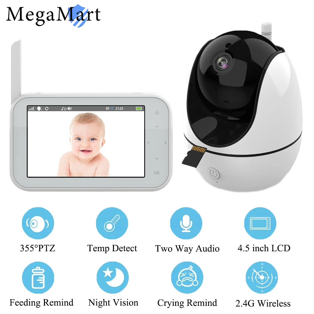 Baby Monitor 4.5 Inch LCD Camera Security Surveil Zoom Child Wireless PTZ Cameras Video Audio Cam Battery Night 2.4Ghz 1080P