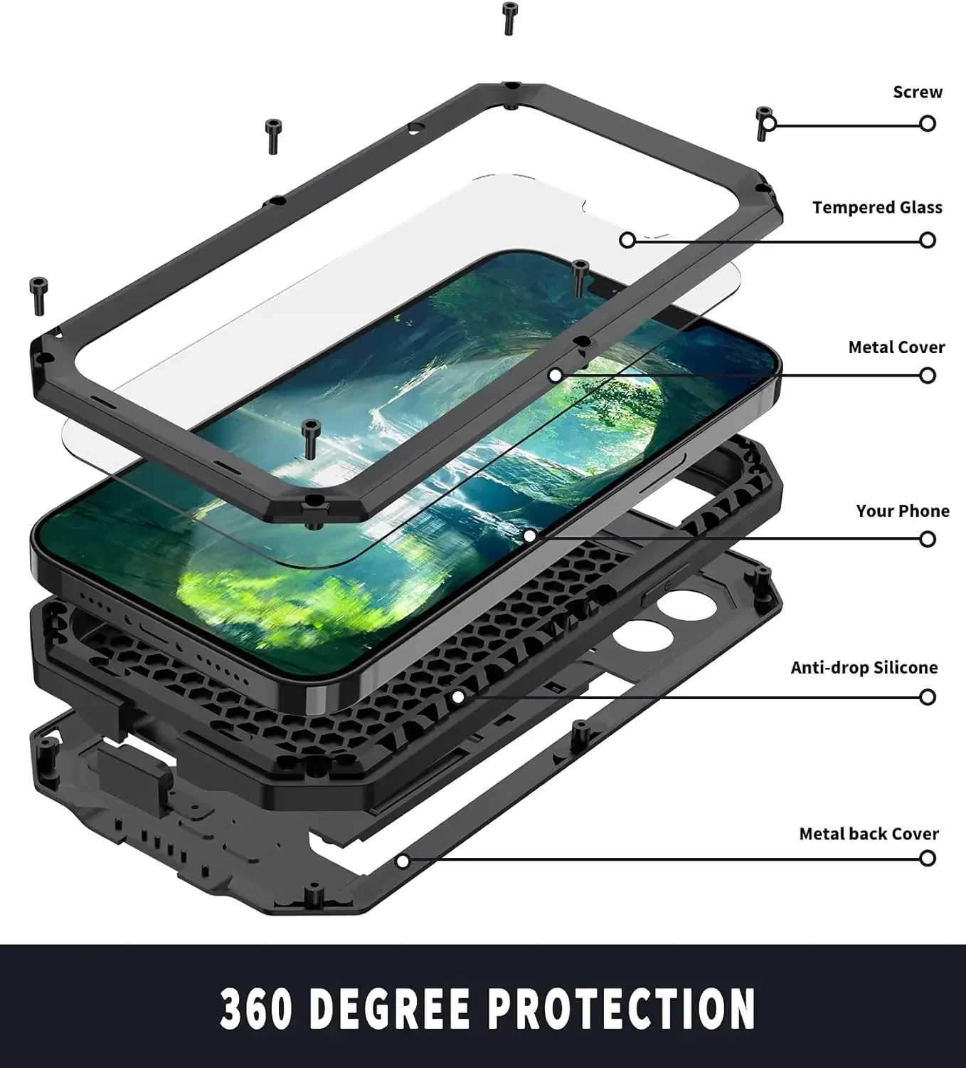Rugged Aluminum Metal Armor Bumper Phone Case with Shockproof Glass Screen Protector
