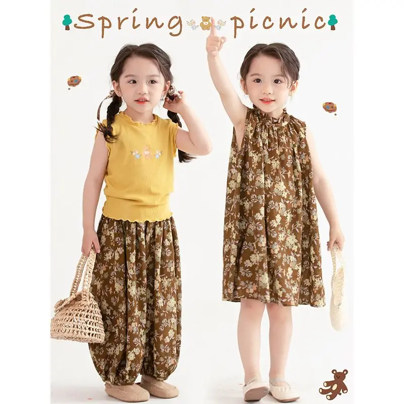 

Summer Kids Girls 2PCS Clothes Set Cotton Sleeveless Cartoon Vest Floral Loose Pants Suit Printed Children Kids A-Line Dress