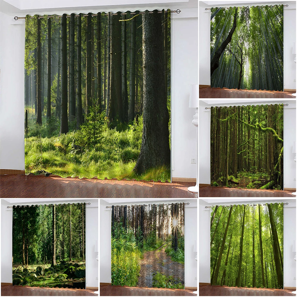 

3D Green Forest Print Curtain Biparting Open Blackout Curtain Cortina De Sombra Bedroom Living Room Decoration Scenery Curtain