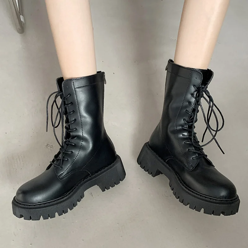 

Women Boots Zipper Strappy Platform PU Leather Shoes Ladies Solid Fashion Spring Autumn Outdoor Ankle Boots Female Footwear New