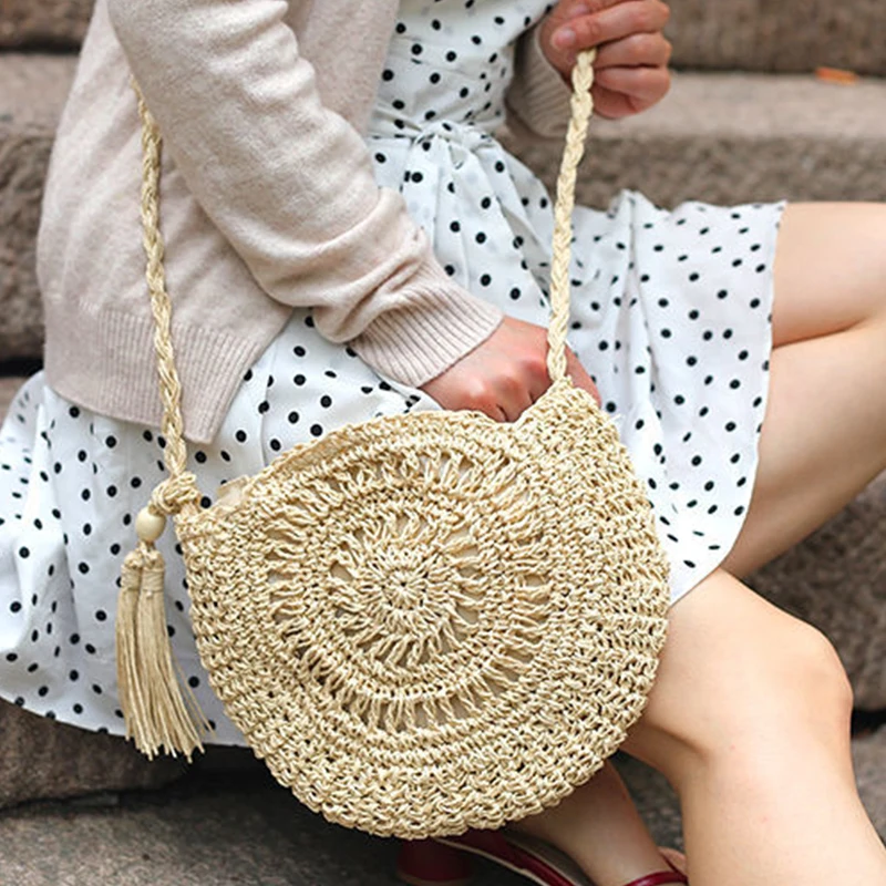 Rattan gewebte Frauen Stroh Umhängetasche kleine Clutch Geldbörse und Handtasche Sommer Strand tasche Frau Quaste Schulter Umhängetasche