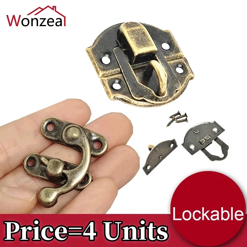 4 Units Small Buckles Antique Metal Padlock Hasp Hook Lock For Mini Decorative Jewelry Wooden Box With Screws Furniture Hardware