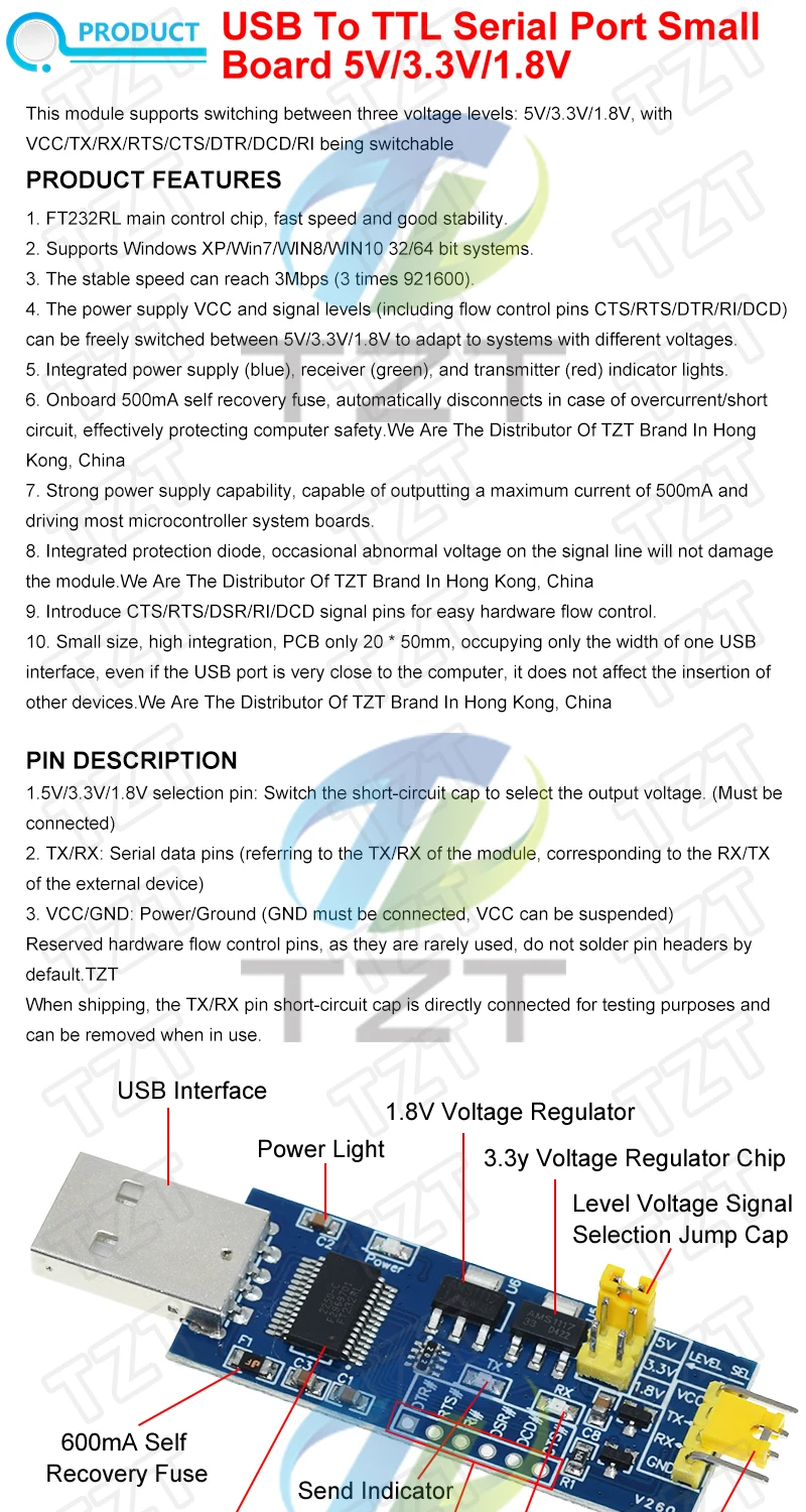 TZT 1/3 Stück FT232RL Serielles Port-Modul USB zu TTL Serieller Port Kleines Board 5V 3.3V 1.8V Level Download- und Programmierkabel – Detail 1