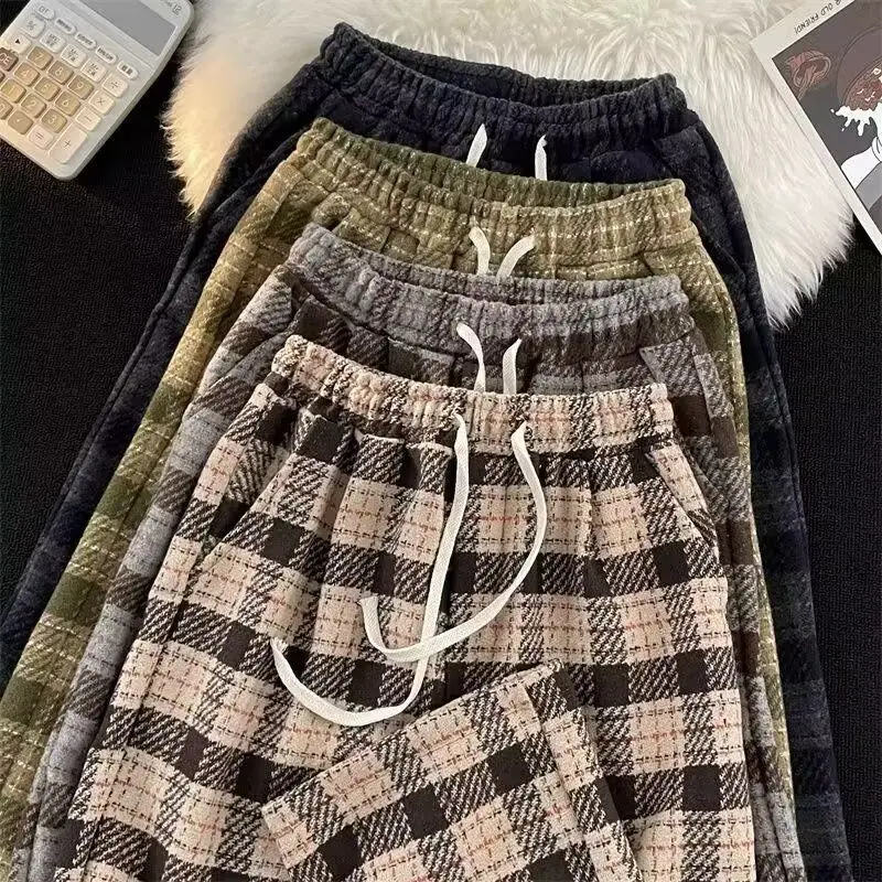 Pantaloni di lana scozzesi UM Youmi Pantaloni casual vintage dritti larghi primavera autunno 5