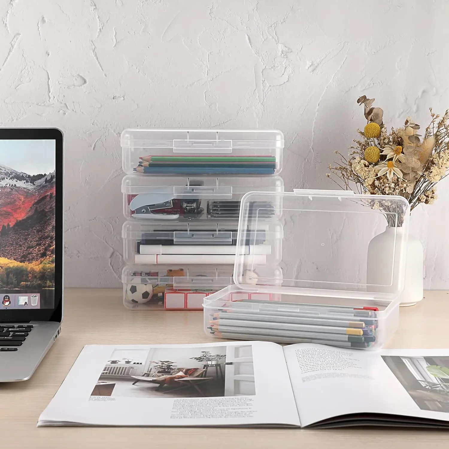 다목적 유틸리티 보관함, 대용량 연필 상자, 스냅 뚜껑 클로저 연필꽂이 플라스틱 연필, 5 팩